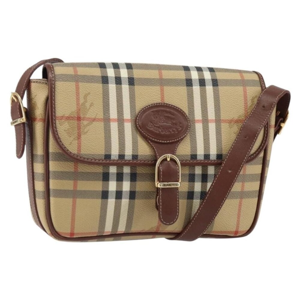 Authentic Burberrys Nova Check Shoulder Bag PVC Beige Gold